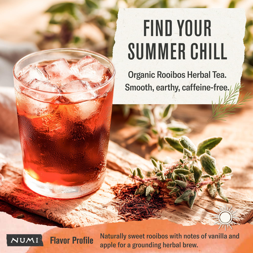 Numi Rooibos tea box packaging showcases premium organic ingredients.