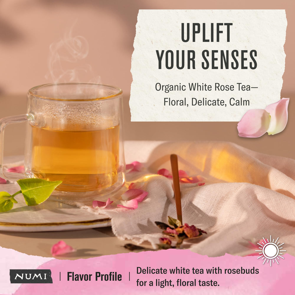Numi rosebuds infusion highlighting a fragrant bloom for a delicate cup.