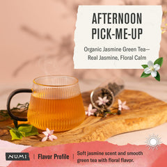 Numi tea bag close-up reveals real jasmine aroma for a fragrant moment.