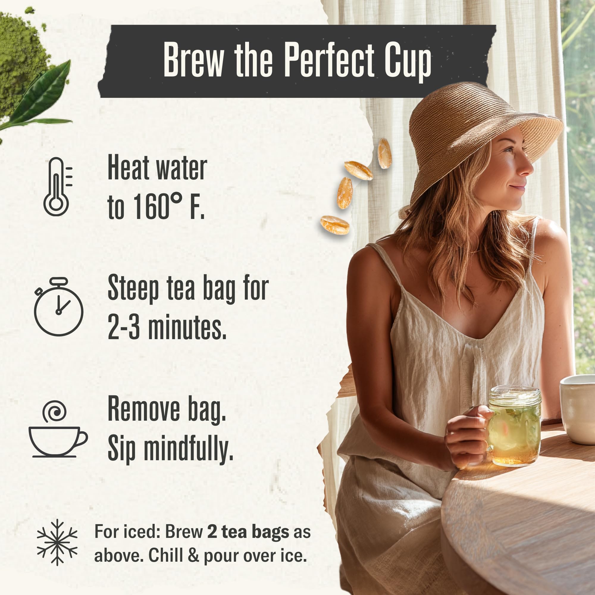 Numi toasted rice tea bag closeup emphasizing compostable packaging.