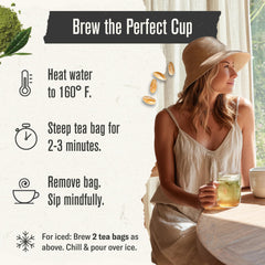 Numi toasted rice tea bag closeup emphasizing compostable packaging.