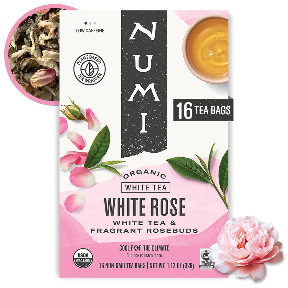 Numi White Rose Tea bags closeup showing convenient bagged tea for quick brewing.