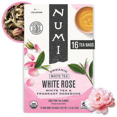 Numi White Rose Tea bags closeup showing convenient bagged tea for quick brewing.
