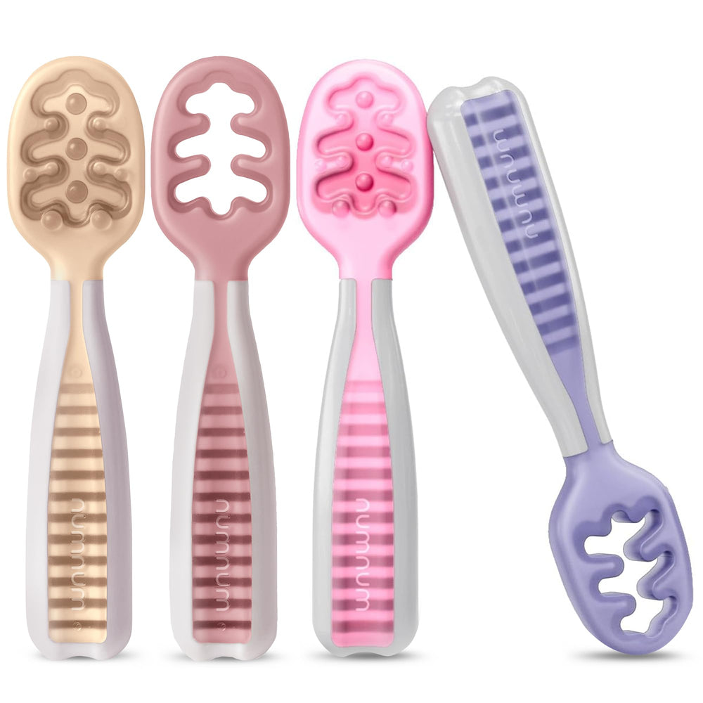 NumNum GOOtensils pre-spoon with thick handle eases tiny hands for self-feeding.