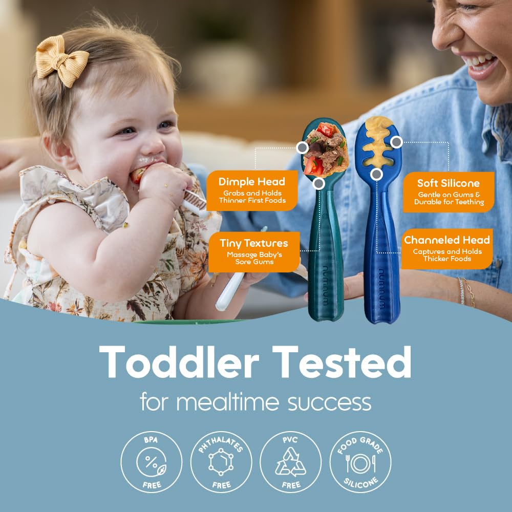 NumNum silicone-soft texture feels gentle on budding teeth during meals.