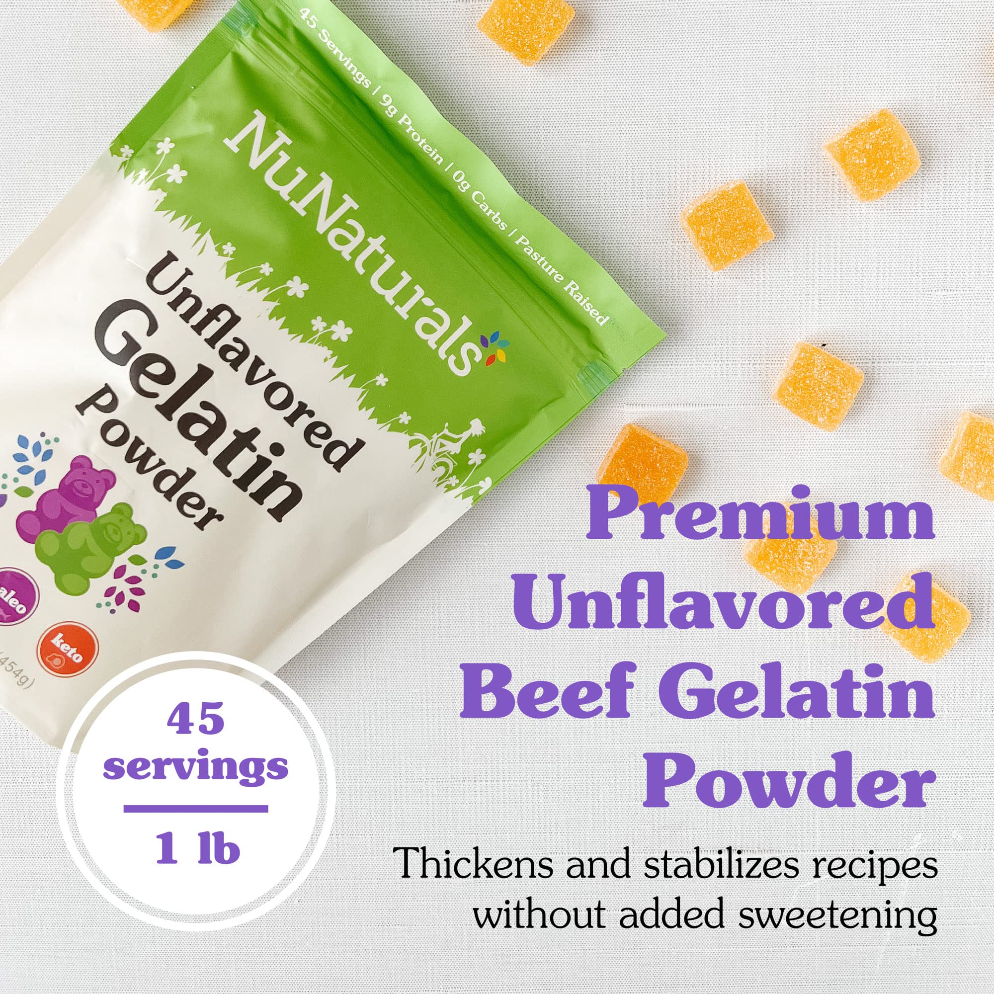 NuNaturals beef gelatin powder closeup shows fine, odorless granules for smooth textures