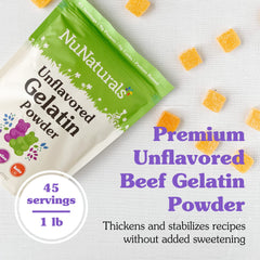 NuNaturals beef gelatin powder closeup shows fine, odorless granules for smooth textures