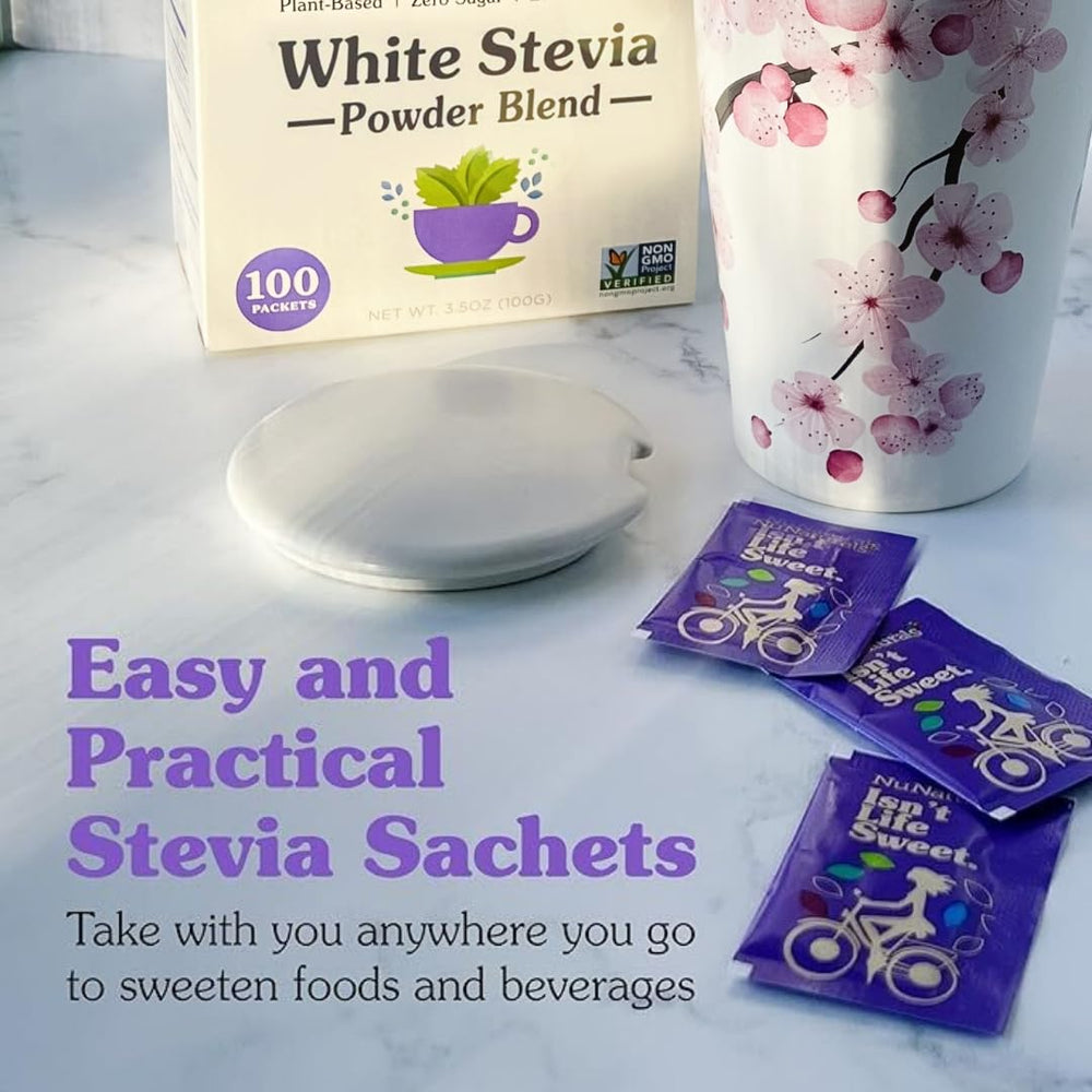 NuNaturals stevia powder packets for baking and desserts.