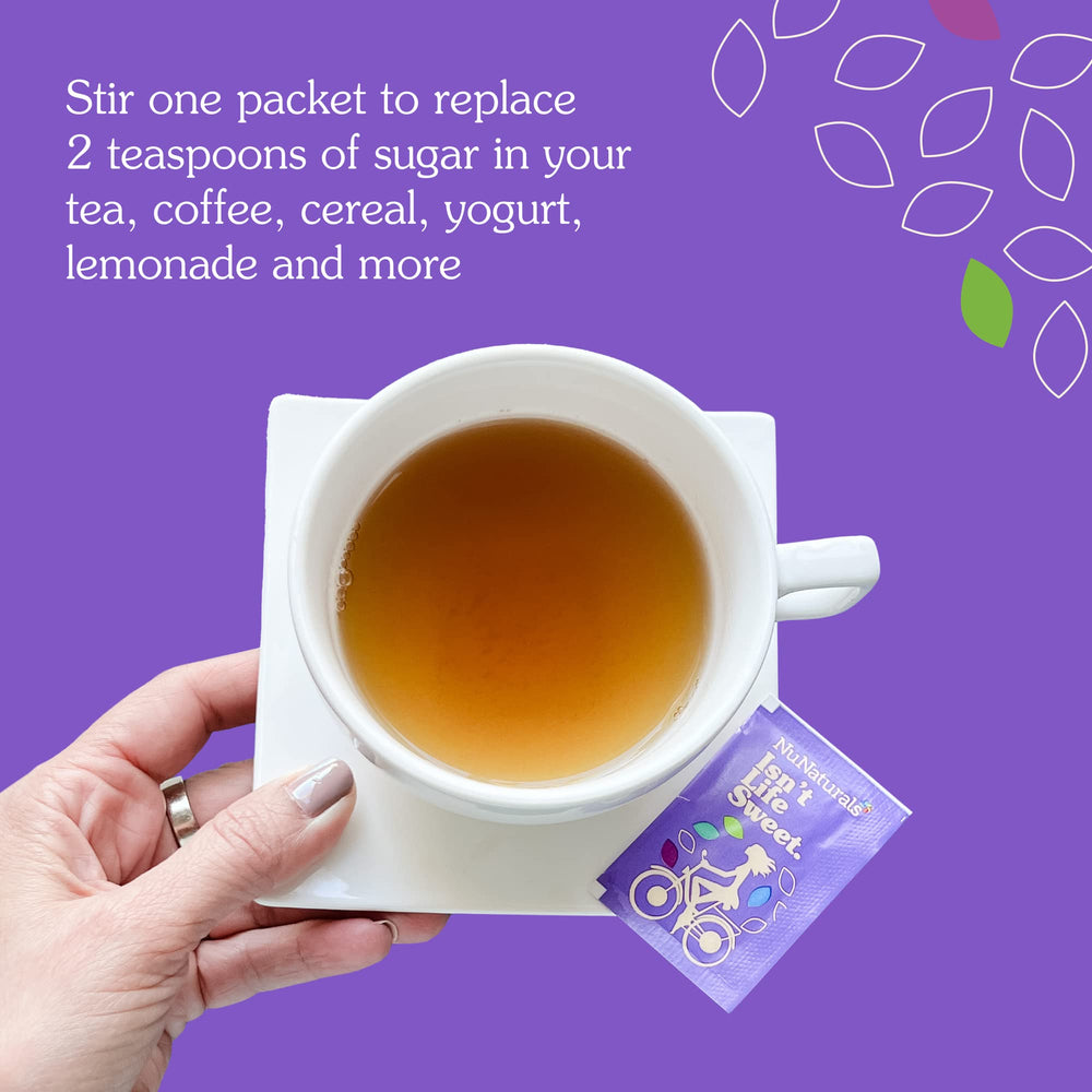 NuNaturals stevia packet highlighting keto-friendly, zero-calorie option.