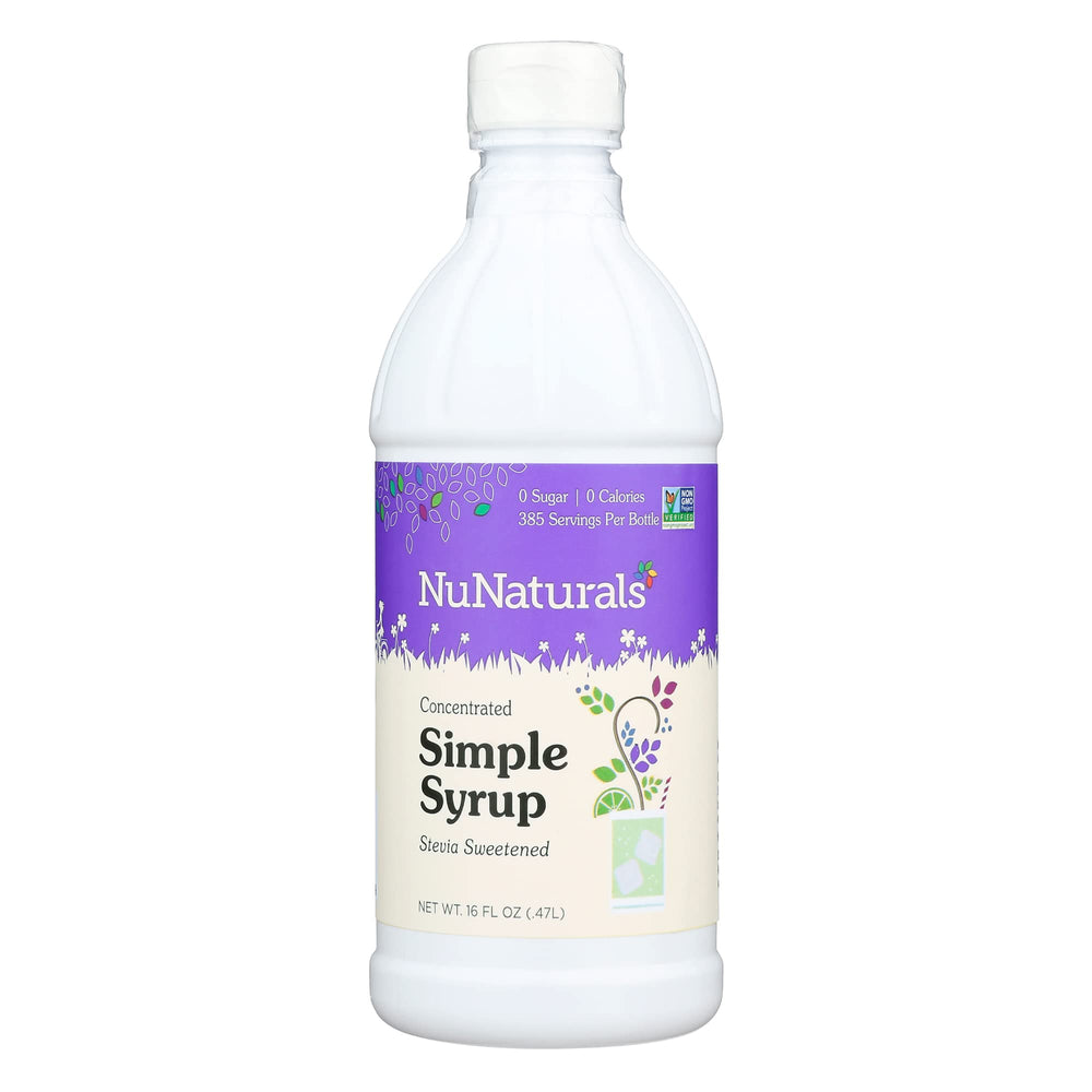 Nunaturals Stevia Simple Syrup bottle shows zero calories for versatile café use