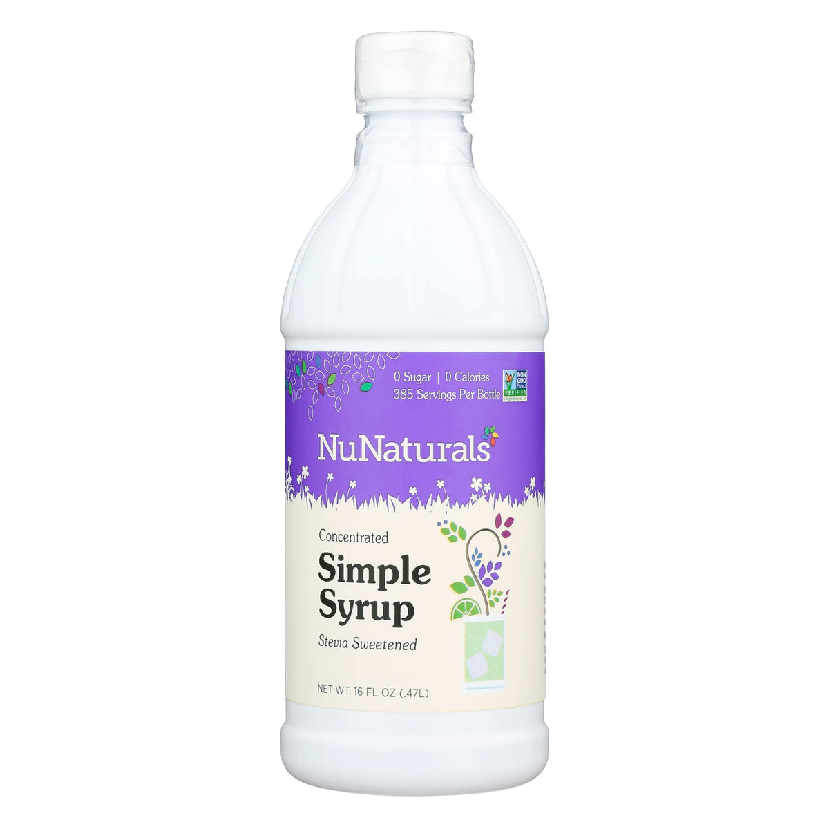 Nunaturals Stevia Simple Syrup bottle shows zero calories for versatile café use