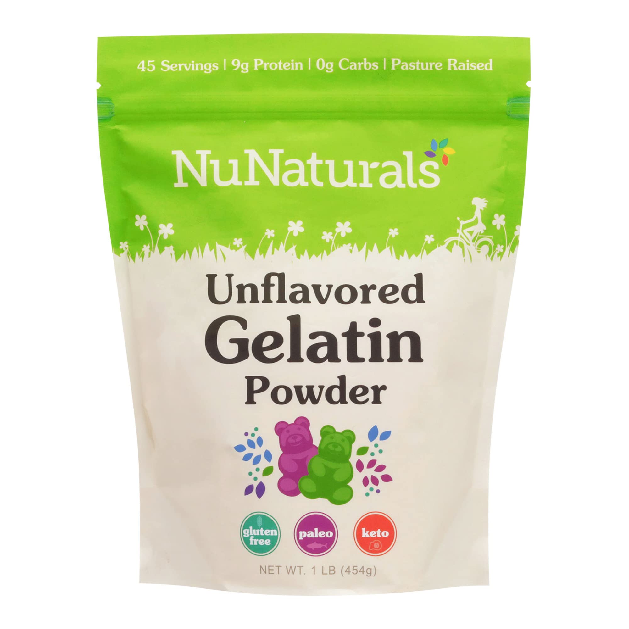 NuNaturals unflavored beef gelatin powder bottle ready for thickening sauces