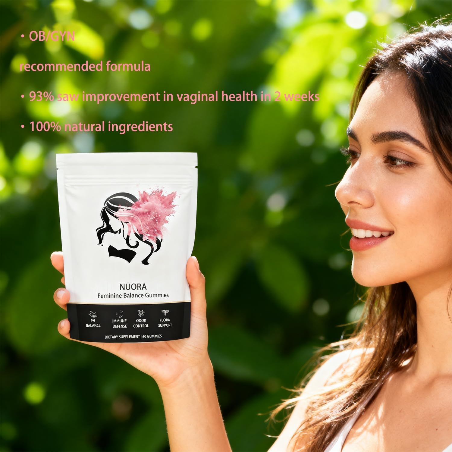 nuora Feminine Balance daily dose suggesting two gummies with water with meals