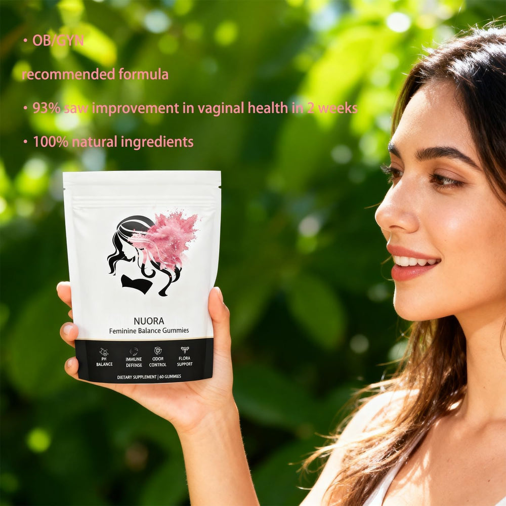nuora Feminine Balance daily dose suggesting two gummies with water with meals