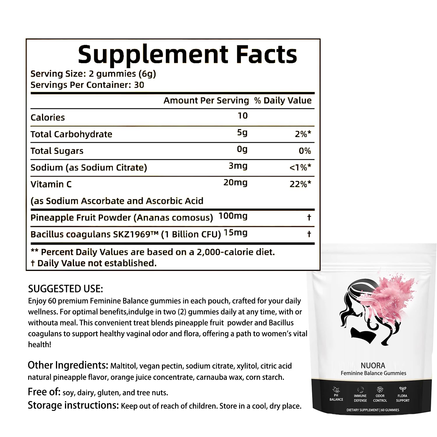 Nuora Gummies bottle back highlights vegan, gluten-free ingredients for dietary preferences.