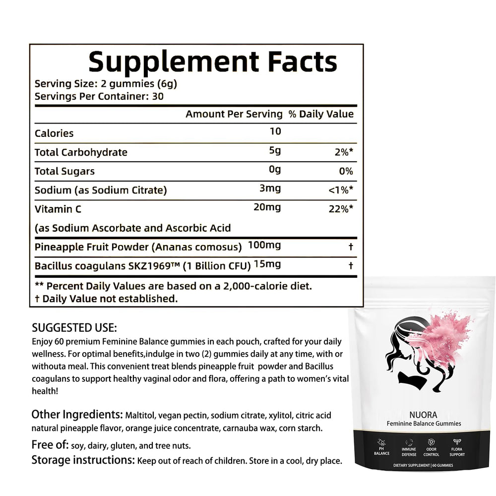 Nuora Gummies bottle back highlights vegan, gluten-free ingredients for dietary preferences.