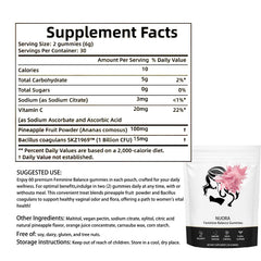 Nuora Gummies bottle back highlights vegan, gluten-free ingredients for dietary preferences.