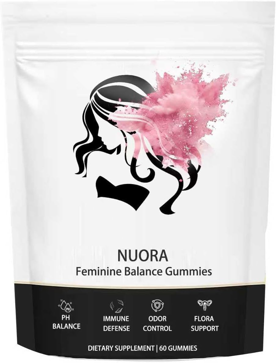 Nuora Feminine Balance Gummies bottle front shows pineapple flavor and packaging designed for daily wellness.