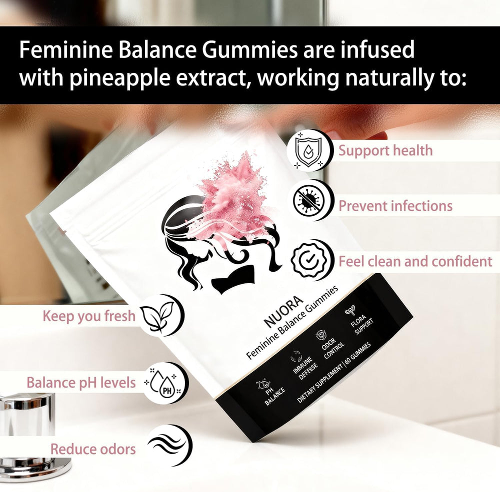 nuora Feminine Balance packaging with pineapple gummies designed for on the go wellness