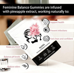 nuora Feminine Balance packaging with pineapple gummies designed for on the go wellness