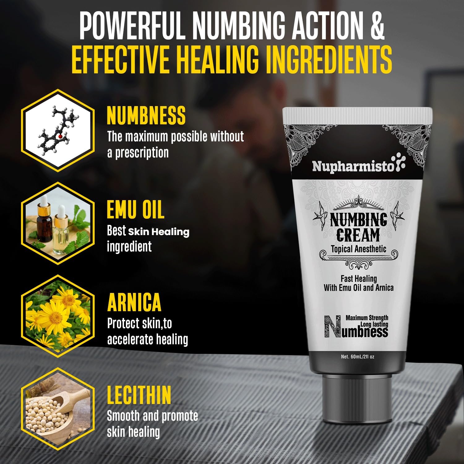 Nupharmco numbing cream Arnica and Emu Oil supports skin moisture and comfort