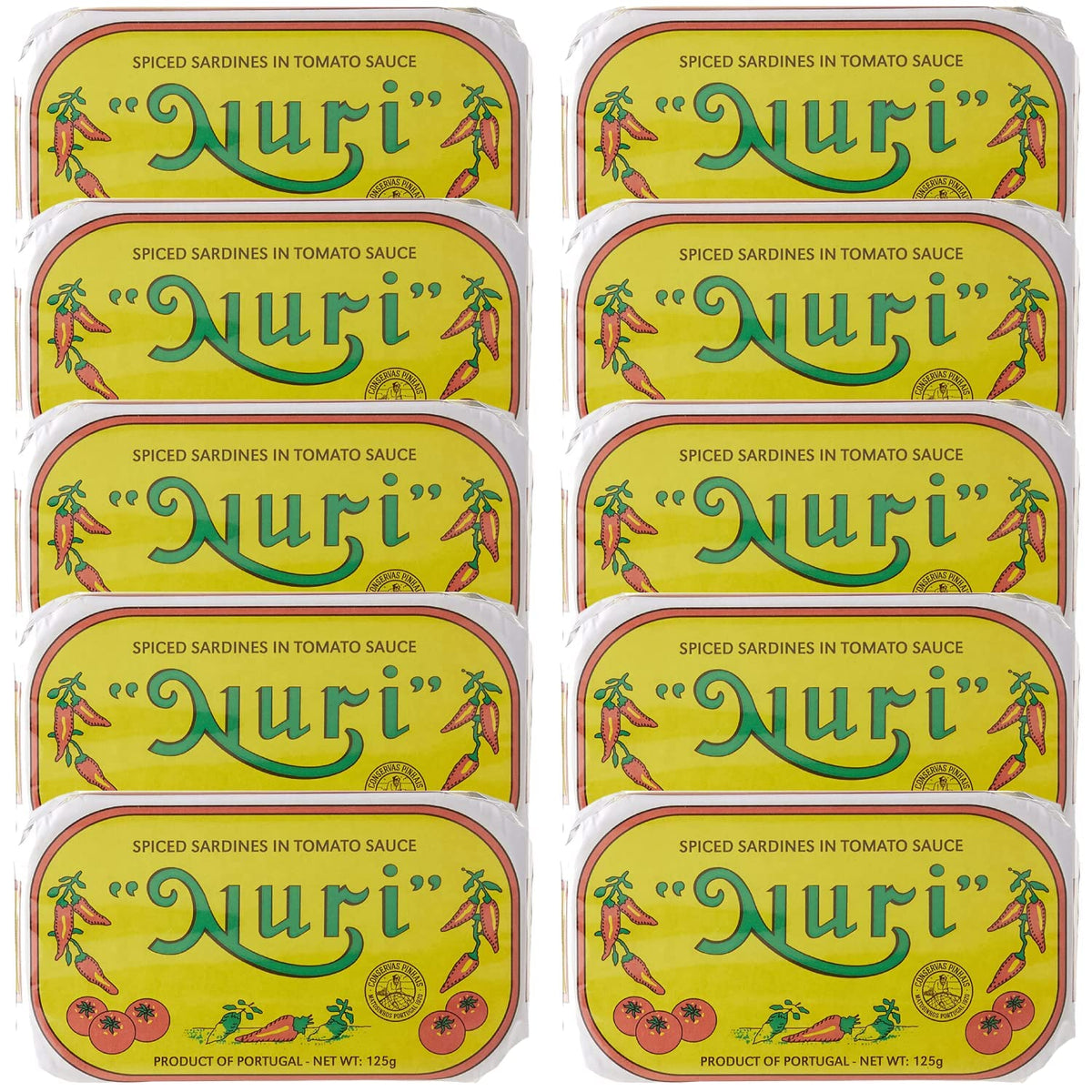 Nuri Portuguese Sardines in Spiced Tomato Sauce pack-front view emphasizes pantry-ready packaging