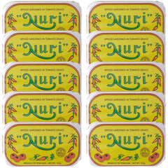 Nuri Portuguese Sardines in Spiced Tomato Sauce pack-front view emphasizes pantry-ready packaging