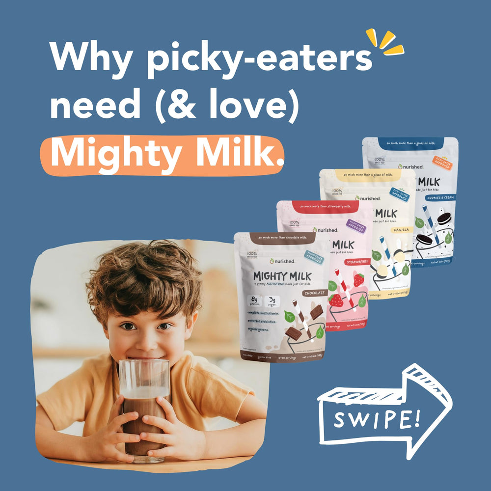 Nurished Mighty Chocolate Milk organic spinach display promotes greens in routine