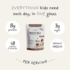Nurished Mighty Chocolate Milk probiotics bottle signals digestive support for kids