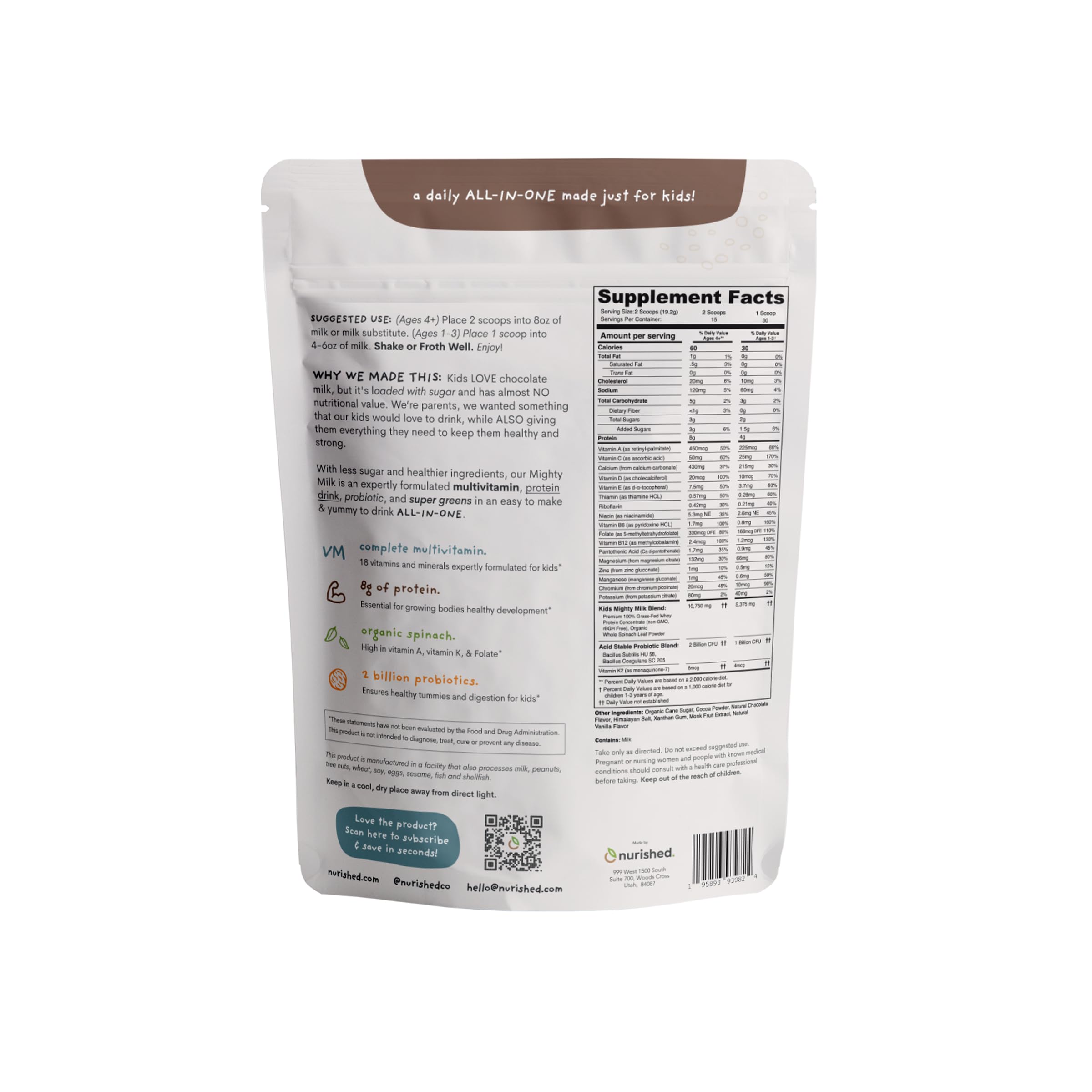 Nurished Mighty Chocolate Milk tub back with nutrition details for parents