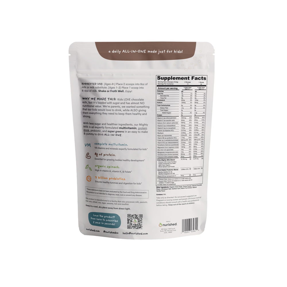 Nurished Mighty Chocolate Milk tub back with nutrition details for parents