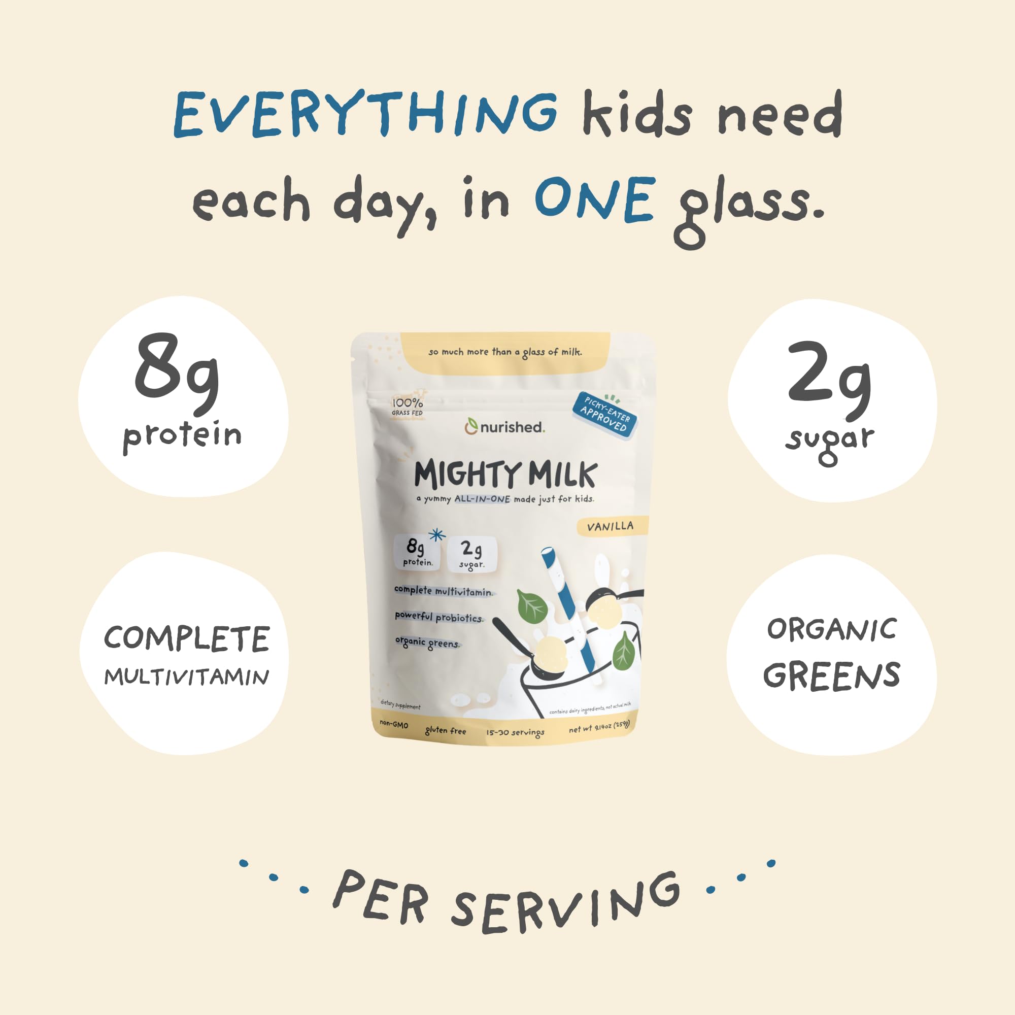 Nurished Vanilla Mighty Milk kids snacking moment, featuring convenient all-in-one nutrition.