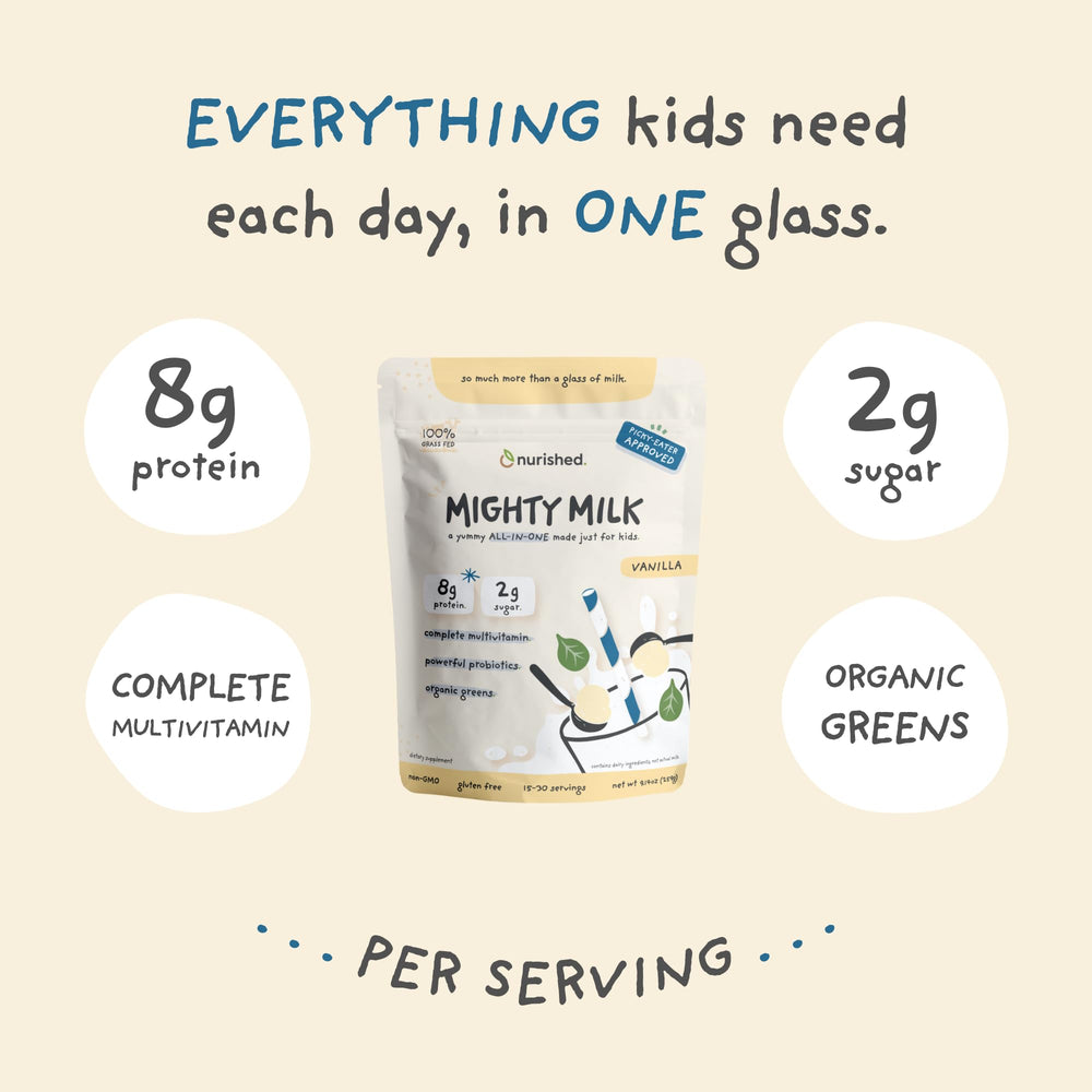 Nurished Vanilla Mighty Milk kids snacking moment, featuring convenient all-in-one nutrition.