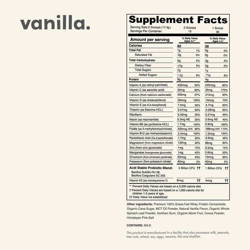 Nurished Vanilla Mighty Milk shake glass ready, promoting easy nutrition for busy kids.