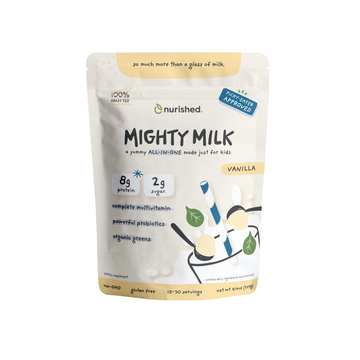 Nurished Vanilla Mighty Milk tub closeup, showcasing kid-friendly protein support and natural ingredients.