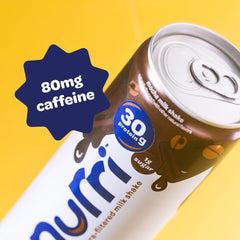 Nurri Mocha shake nutrition label highlights protein and caffeine content.