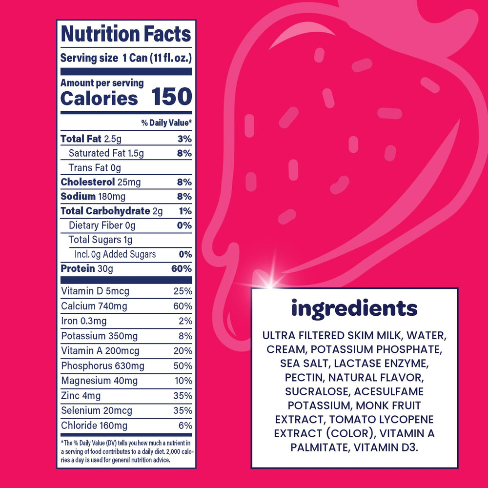 Nurri Strawberry Protein Shake nutrition label highlighting protein and vitamins.