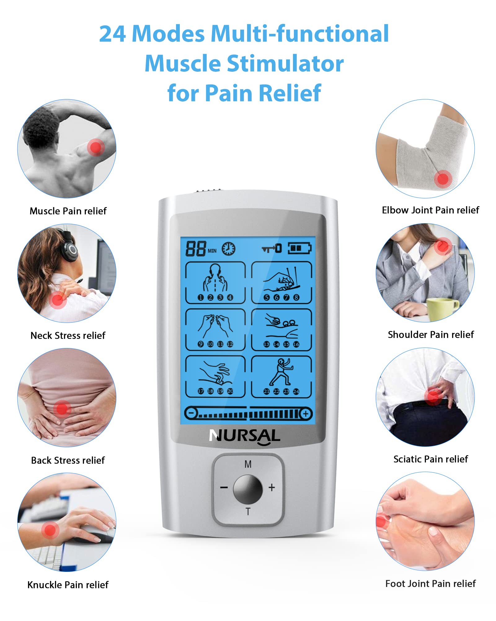 NURSAL TENS unit display and controls for easy session setup