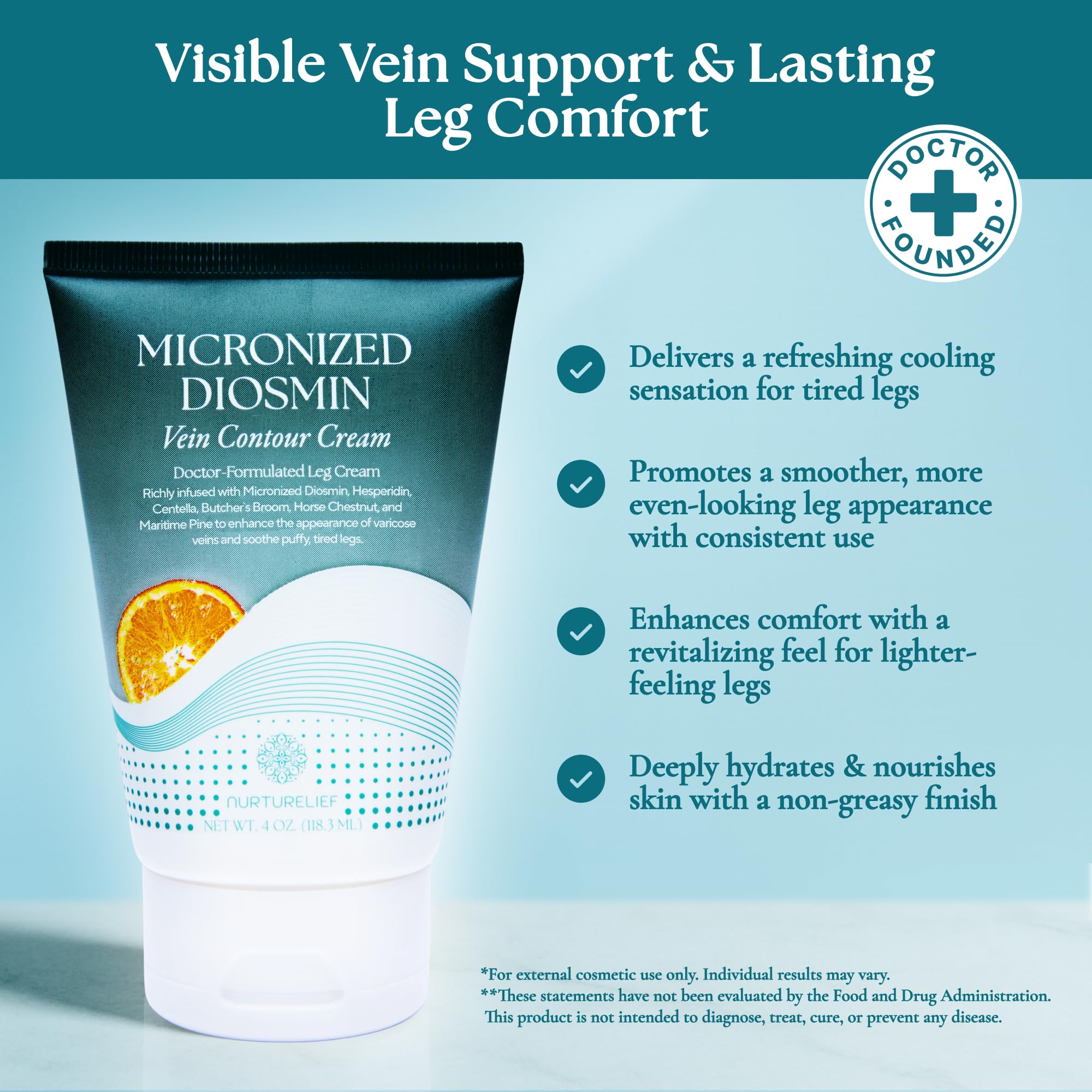 Nurturelief Micronized Diosmin Cream being massaged along the leg for smooth, refreshed skin.