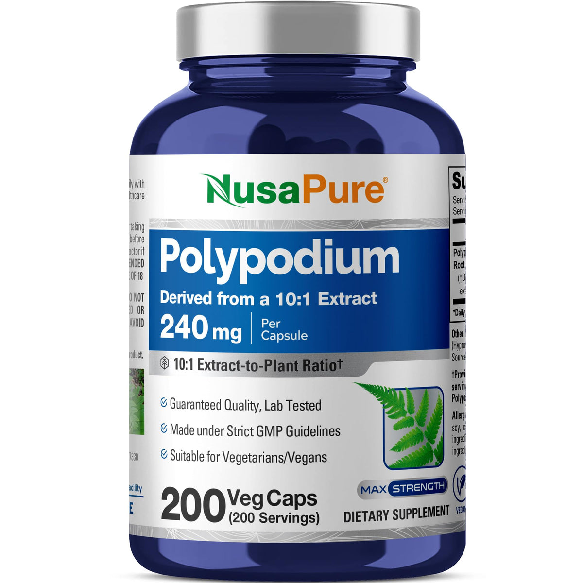 NusaPure Polypodium Leucotomos capsules 240 mg close-up, convenient daily vegan supplement.