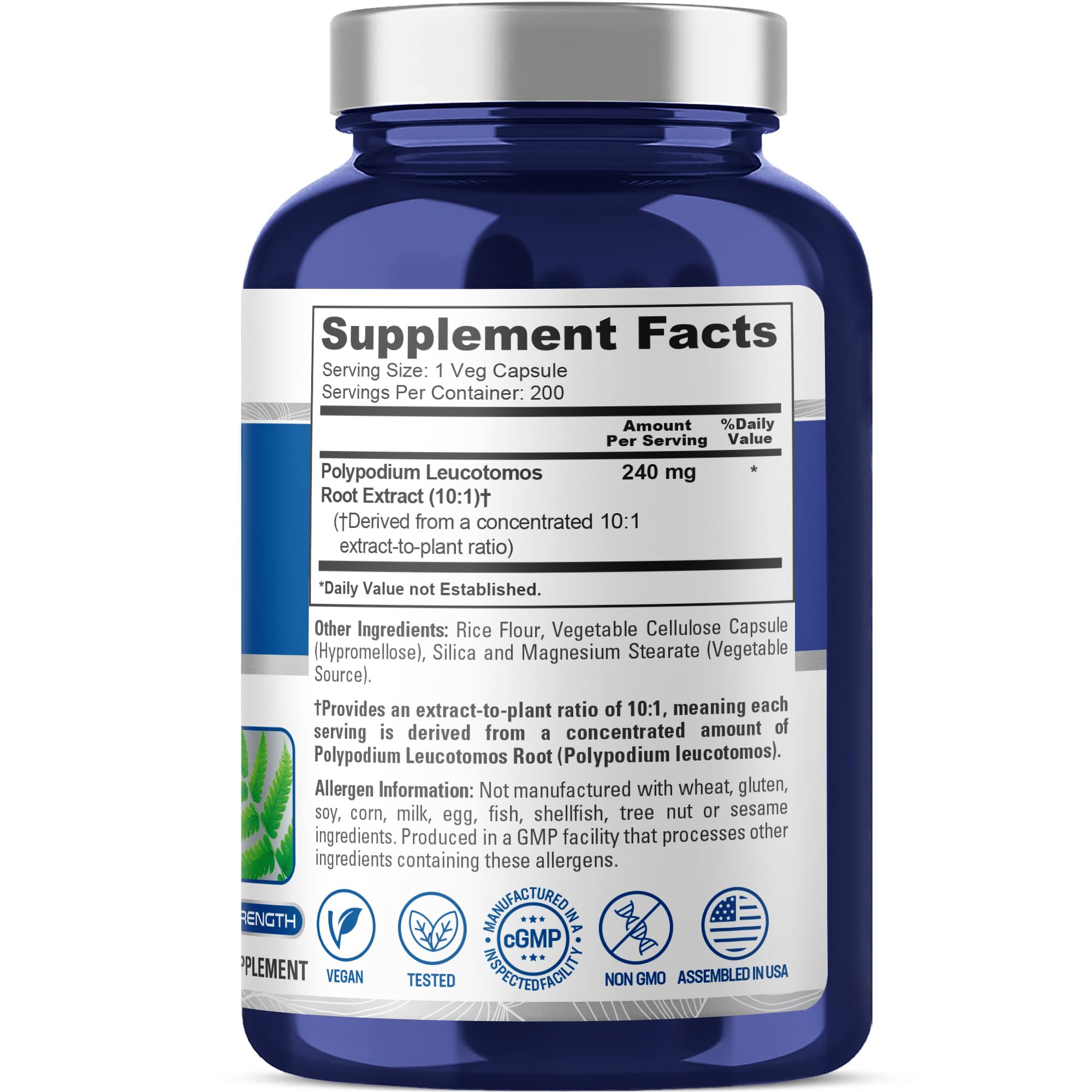 NusaPure Polypodium Leucotomos USA-made label indicating cGMP-compliant production.