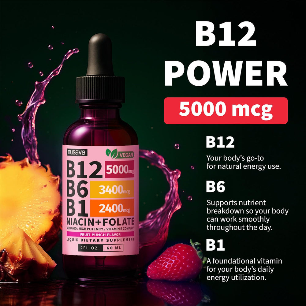 Vegan, non-GMO symbols on NUSAVA B12 B6 bottle packaging