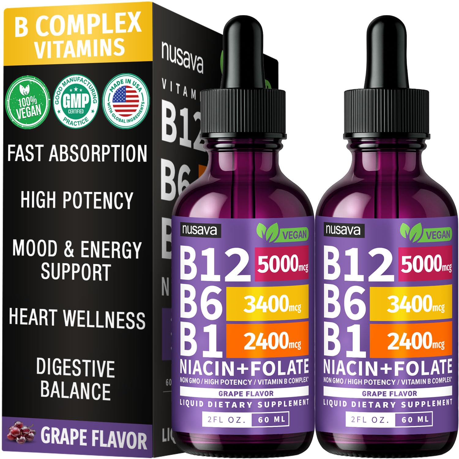 NUSAVA Vitamin B12 drops bottle with grape flavor for convenient daily use.