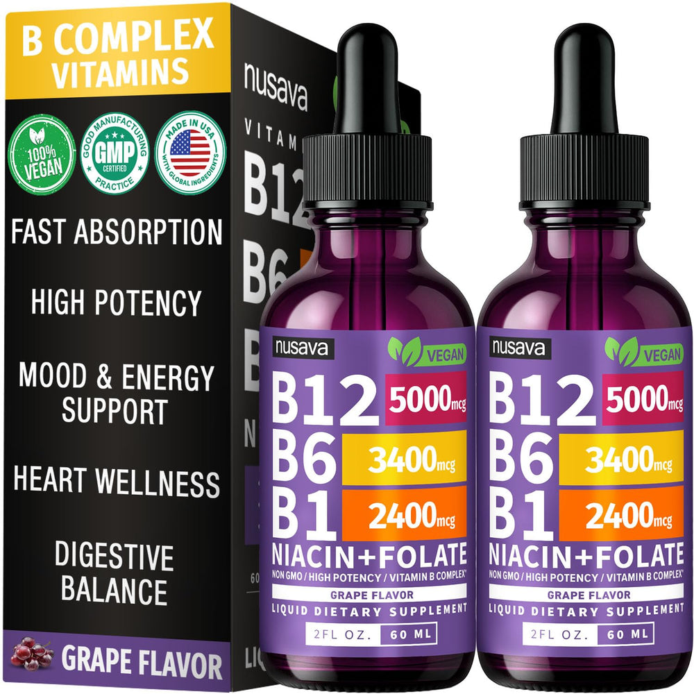 NUSAVA Vitamin B12 drops bottle with grape flavor for convenient daily use.