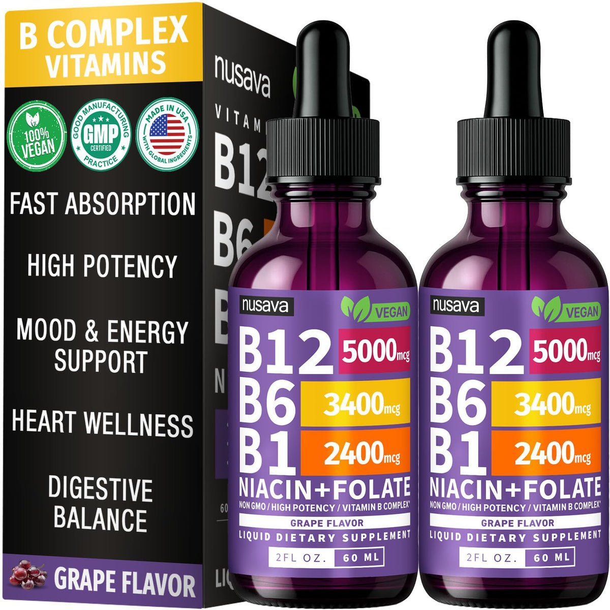 NUSAVA Vitamin B12 drops bottle with grape flavor for convenient daily use.