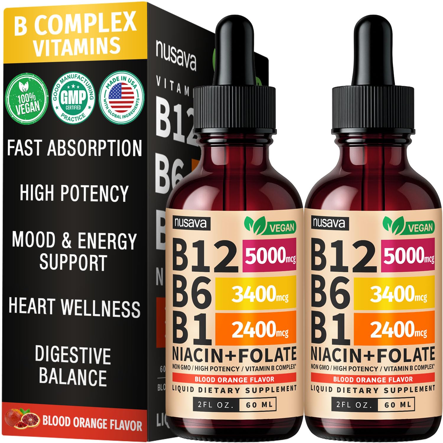 NUSAVA B12 drops bottle label highlights vegan, gluten-free formula for energy support.