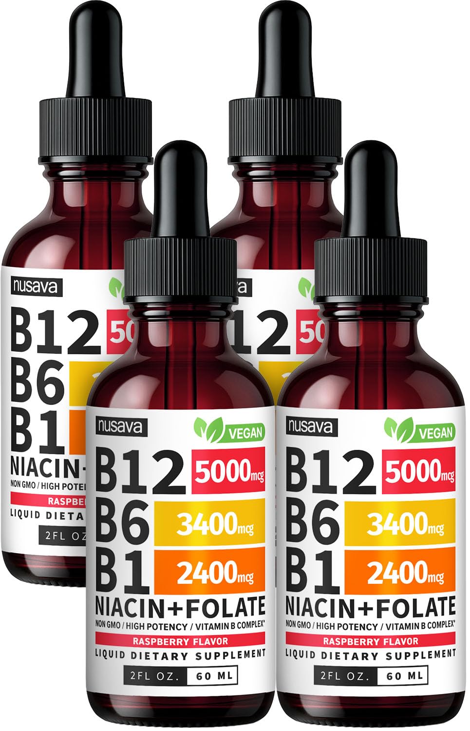 NUSAVA B12 Drops bottle pour showing liquid for quick sublingual use.