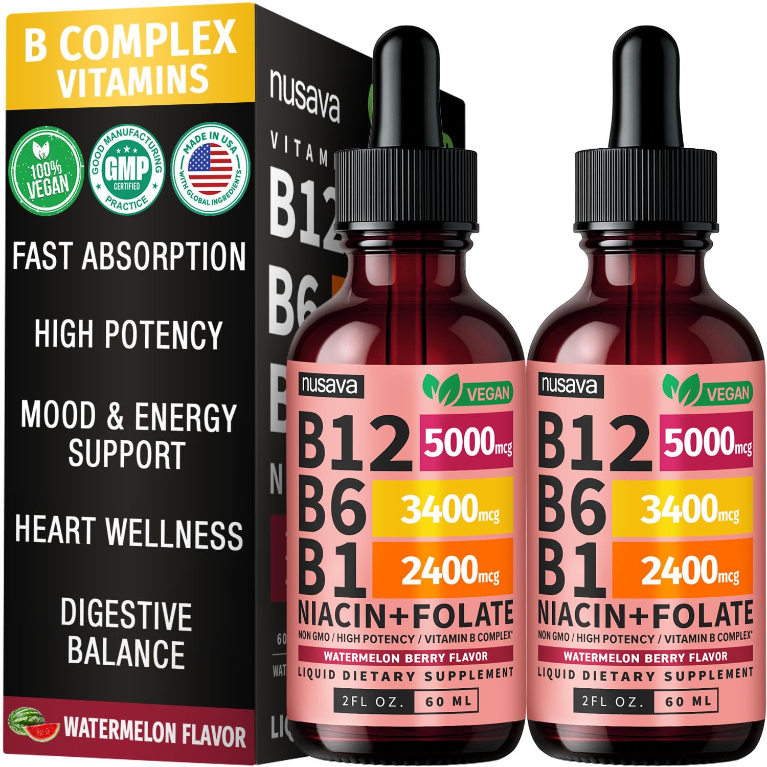 NUSAVA B12 Drops bottle with watermelon berry label for daily support.