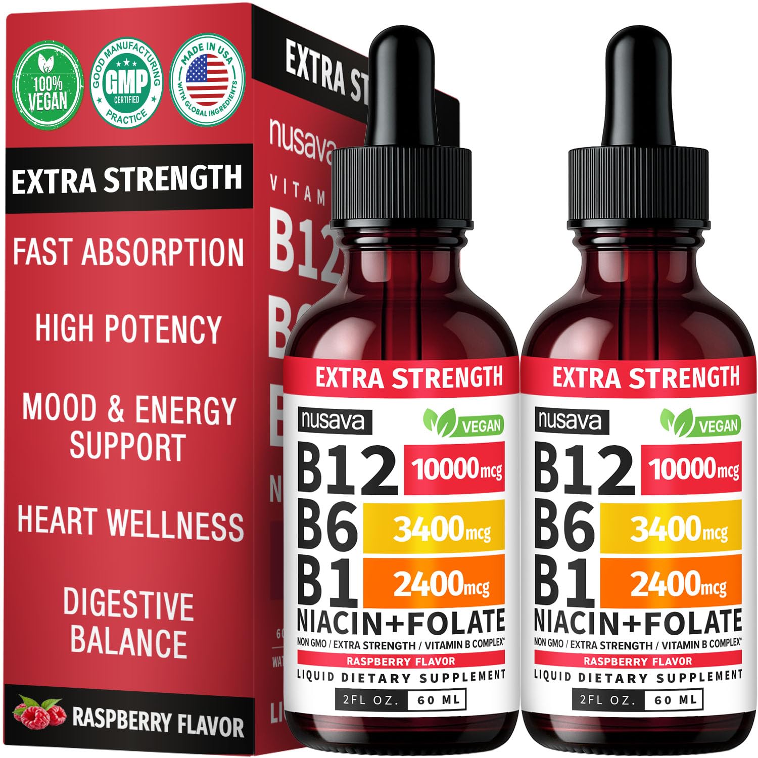 NUSAVA B12 drops bottle with raspberry flavor for daily energy support