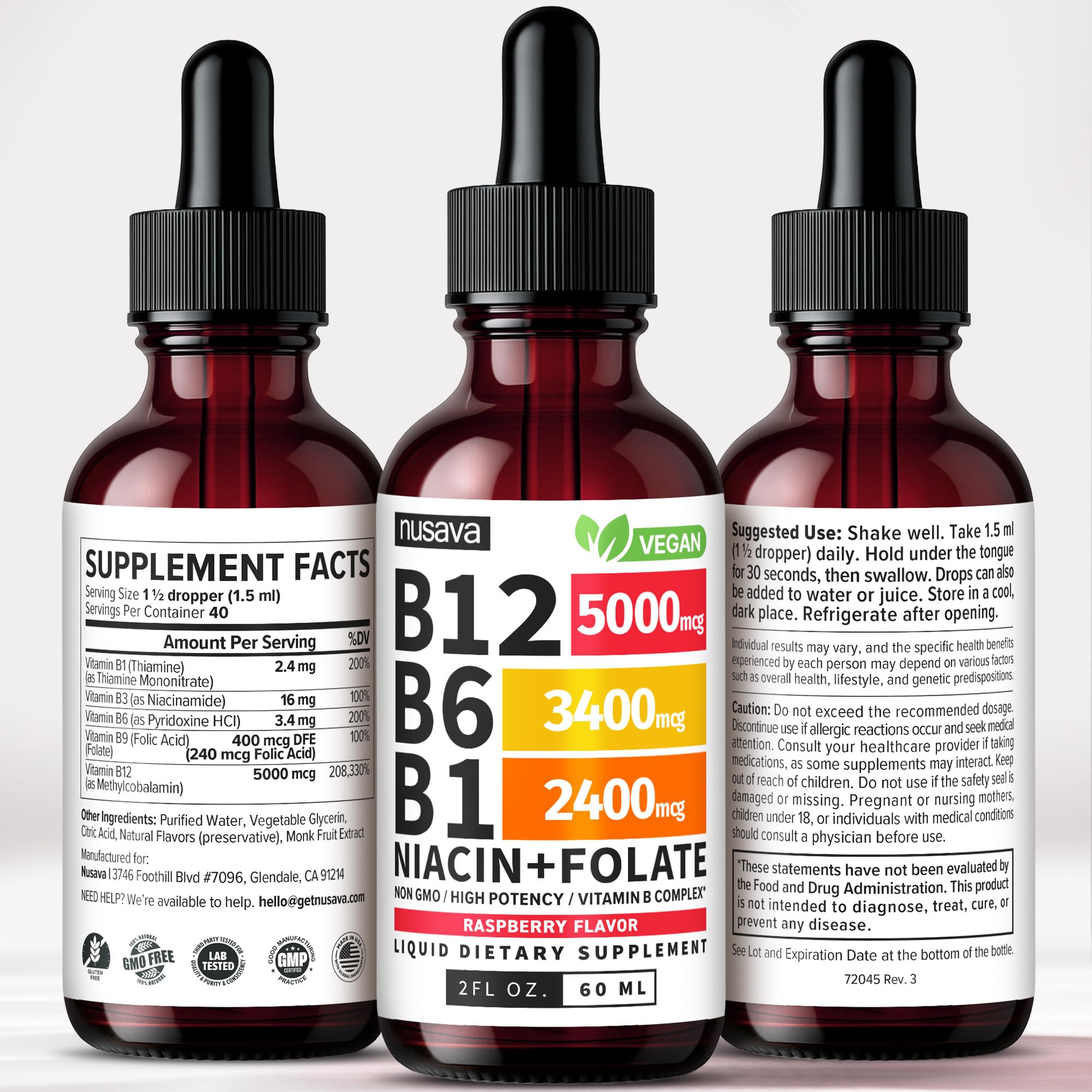 NUSAVA B12 Drops energy-brain-heart support concept with quick use.